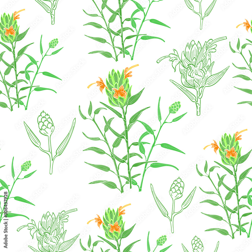 Seamless Background with Color Ginger Plant Parts - obrazy, fototapety, plakaty 