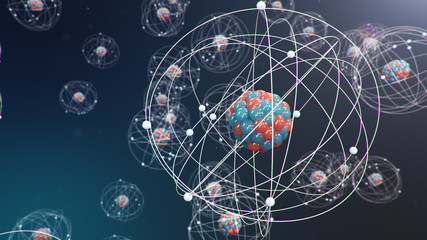 Wall Mural - 3D Illustration Atomic structure. Atom is the smallest level of matter that forms chemical elements. Glowing energy balls. Nuclear reaction. Concept nanotechnology. Neutrons and protons - nucleus.