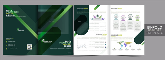 Poster - Front and Back View of Business Bi-Fold Brochure Template Layout, Annual Report in Green and White Color.