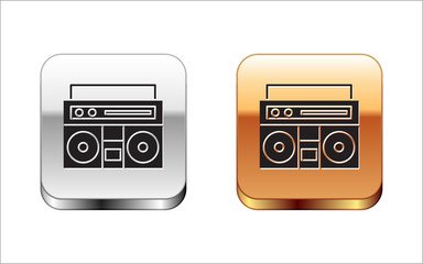 Black Home stereo with two speakers icon isolated on white background. Music system. Silver-gold square button. Vector Illustration