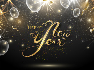 Wall Mural - Golden Glittering Font of Happy New Year Text with White Transparent Balloons, Stars and Lights Effect on Black Background.