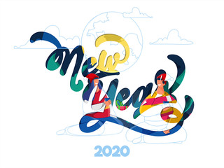 Sticker - Paper Cut New Year Font with Young Couple Enjoying Drinks on White Background for 2020 Night Party Celebration Concept.