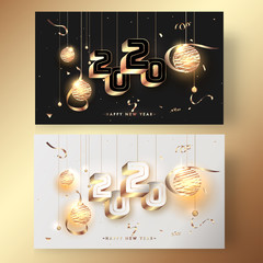 Sticker - 3D 2020 Text with hanging Illuminated Baubles and Golden Confetti Ribbon Decorated Background in Two Color Option.