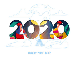 Sticker - Paper Cut 2020 Text with Young Couples Enjoying Drinks and Bonfire on White Background for Happy New Year Night Concept.