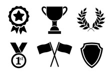 Trophy And Awards Icons Set. First Place, Star Rating And Winner Medal, Victory Cup, Trophy Reward, Flag, Shield – Stock Vector