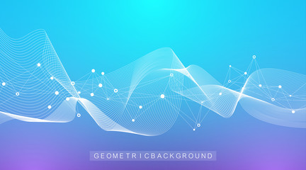 Fototapete - Abstract dynamic motion lines and dots background with colorful particles. Digital streaming background, wave flow. Plexus stream background. Big Data technology, vector illustration