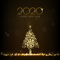 Wall Mural - Golden Christmas tree glittering light shining on dark background