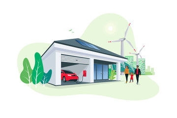 Wall Mural - Electric car parking charging at smart house garage wall box charger station stand at family home. Renewable energy solar panels and wind turbines city skyline in background. Vector illustration. 