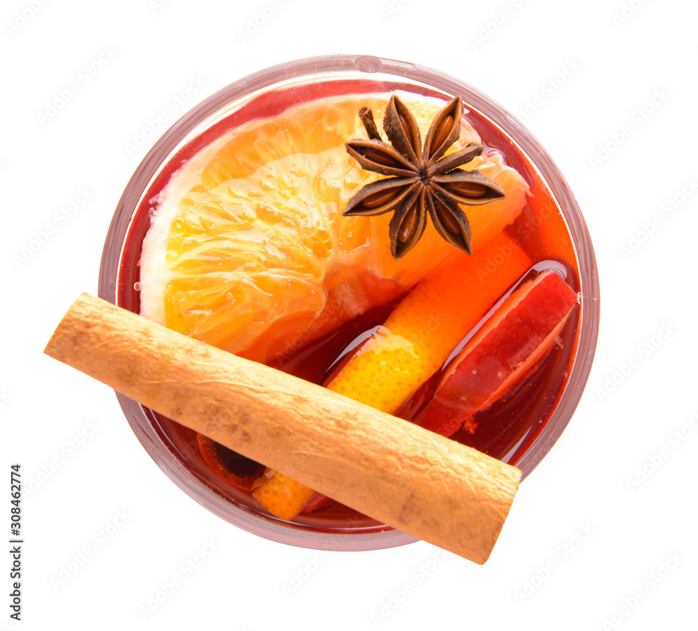 Glass of tasty mulled wine on white background