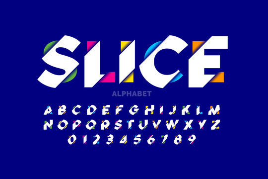 Modern vivid color sliced style font, colorful alphabet letters and numbers