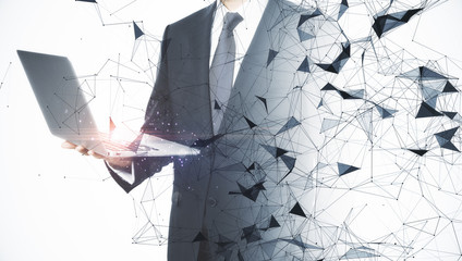 Poster - Businessman using laptop with polygons background