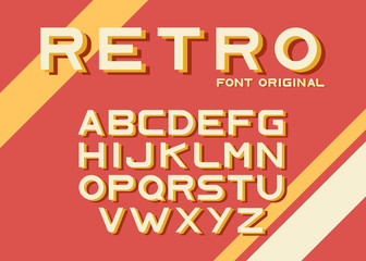 Fototapete - Original retro font. Vector vintage alphabet with colored offset layers. Old style typographic design poster in red and orange colors