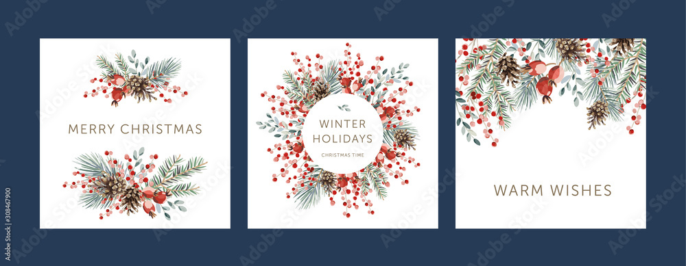 Nature design square greeting cards template, circle frame, text Winter Holidays, Warm Wishes, Merry Christmas, white background. Green pine, fir twigs, cones, red berries. Vector xmas illustration - obrazy, fototapety, plakaty 