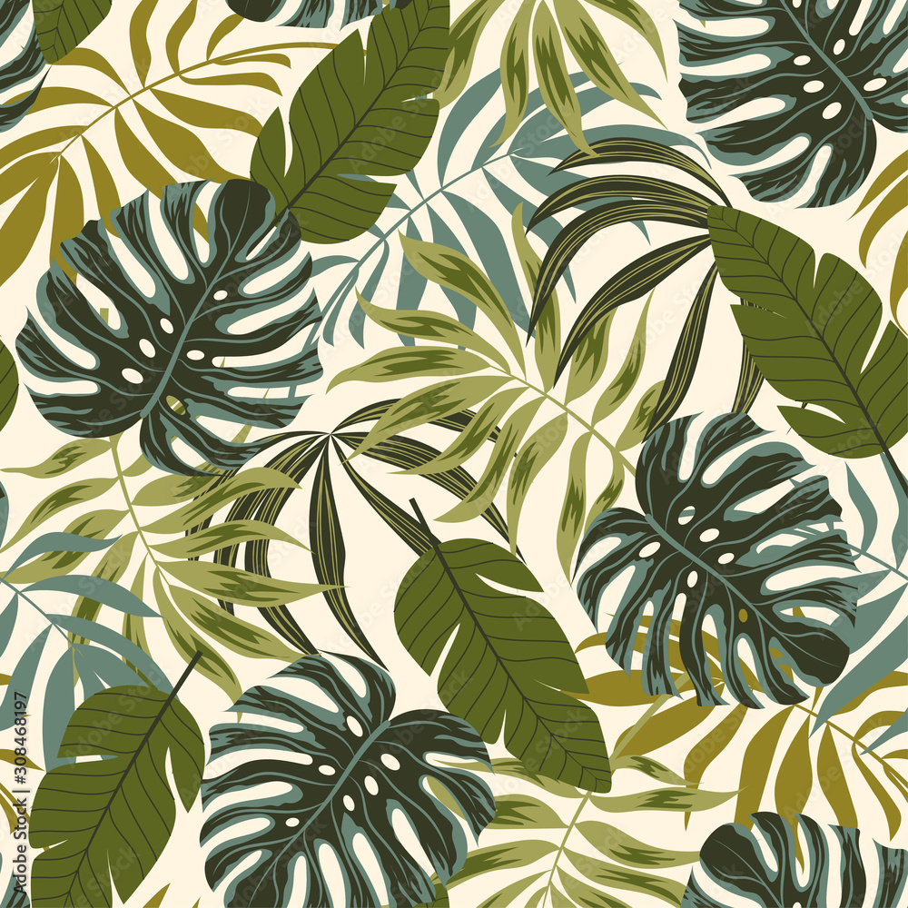 Trend seamless pattern. Tropical leaves and plants on white background. Illustration in Hawaiian style. Jungle leaves. Botanical pattern. Vector background for various surface. Exotic wallpaper. - obrazy, fototapety, plakaty 