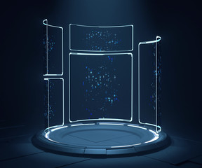 Wall Mural - 3D Rendering of sci fi scientific laboratory. Metal pedestal with glowing light and hi tech led hud panel showing binary data.For artificial intelligence, machine learning, big data, business research