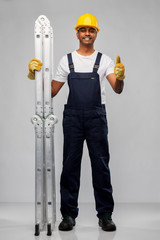 Sticker - profession, construction and building - happy smiling indian builder in helmet with ladder showing thumbs up over grey background