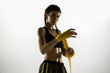 Fit Caucasian Woman In Sportswear Boxing Isolated On White Studio Background. Novice Female Caucasian Boxer Preparing For Working Out And Training. Sport, Healthy Lifestyle, Movement Concept.
