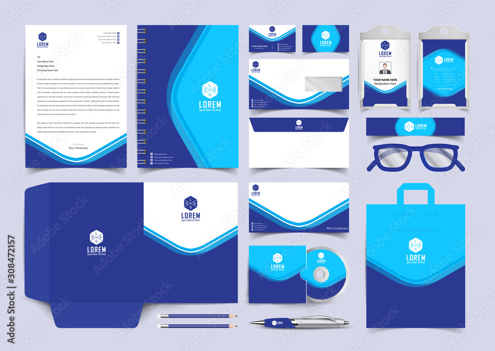 Brand identity business stationery set in blue wavy shape Stock Vector ...
