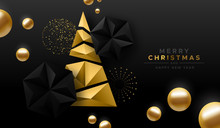 Merry Christmas Gold Low Poly Abstract Pine Tree