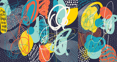 Creative doodle art header with different shapes and textures. Collage. Vector