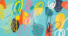 Creative Doodle Art Header With Different Shapes And Textures. Collage. Vector