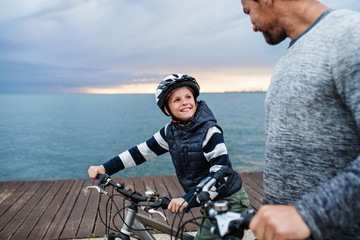 Wall Mural - Father and small son with bicycles outdoors standing on beach.