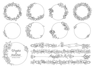 Sticker - Vector illustration of hand drawn wreaths. Cute doodle floral wreath frame set