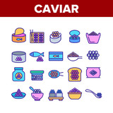 Fototapeta Big Ben - Caviar Tasty Seafood Collection Icons Set Vector Thin Line. Fish Eggs, Caviar In Metallic Container And Bottle, On Bread Piece And Sushi Concept Linear Pictograms. Color Contour Illustrations