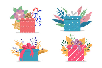 Wall Mural - Set of cute gift boxes with ribbons and bows. Wrapped with colorfull papper.