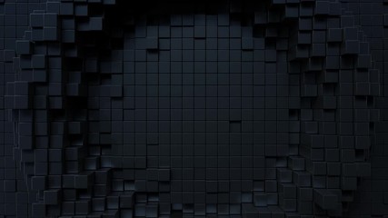 Poster - Abstract background with black moving cubic surface. Geometric concept with radial ripples. Motion design pattern. 3d loop animation with box particles. Seamless technology composition. 4K UHD