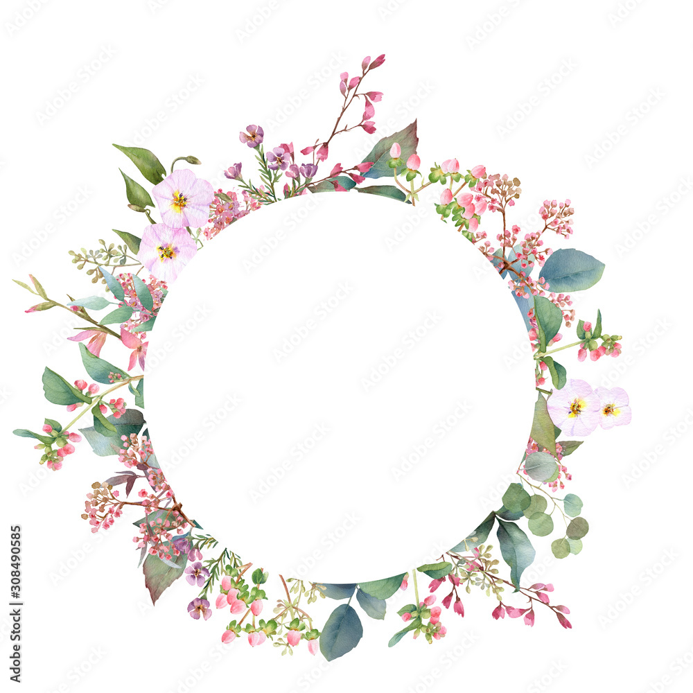 Hand drawn watercolor wreath with picturesque herbs, leaves and bloomy ...