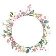 Hand drawn watercolor wreath with picturesque herbs, leaves and bloomy bindweed isolated on a white background. Ideal for creating  invitations, greeting cards. Floral illustration.Botanic composition