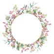 Hand drawn watercolor wreath with picturesque herbs, leaves and bloomy branches isolated on a white background. Ideal for creating  invitations, greeting cards. Floral illustration.Botanic composition