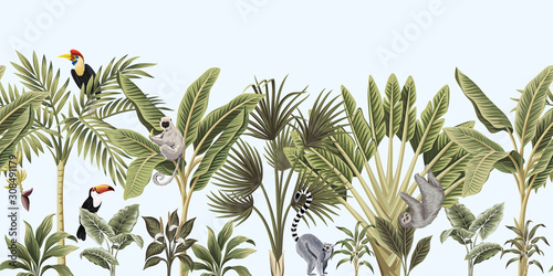 Naklejka na szybę Tropical vintage wild animals, bird, palm tree, banana tree and plant floral seamless border blue background. Exotic jungle wallpaper.