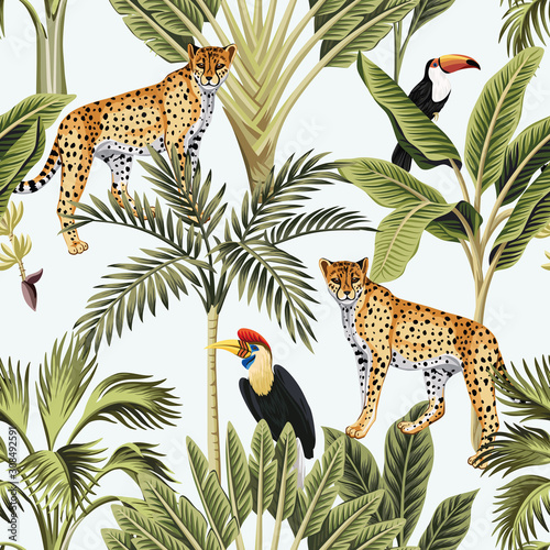 Fotografía Tropical vintage banana tree, palm tree, leopard animal, toucan, parrot floral seamless pattern white background