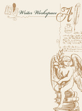 Vector Banner On A Writers Theme With Sketches And Place For Text. Writer Workspace. Artistic Illustration With Hand-drawn Angel, Inkwell, Feather And Unreadable Handwritten Notes In Retro Style