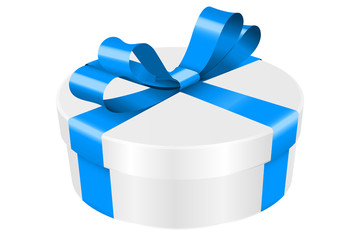 Wall Mural - Gift box decorated with shiny blue ribbon. Round box