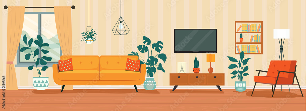 Living room interior. Comfortable sofa, TV,  window, chair and house plants. Vector flat style illustration - obrazy, fototapety, plakaty 