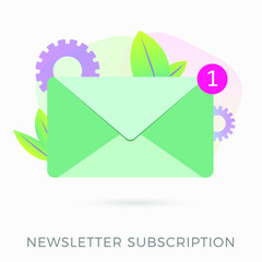 Poster - Email newsletter subscription flat design icon concept. E-mail marketing message with digital advertising. Envelope icon with new message notification icon. Isolated on white background.