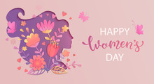 Elegant Card For International Women's Day.Banner, Flyer For March 8 With Papercut Woman Face Silhouette With Flowers And Wishing Happy Holiday.Congratulating Placard For Brochures.Vector Illustration