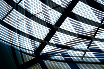 Poster - Roof or ceiling. Computer graphics of modern architecture with stripy transparent grid glass panels. Abstract geometric background composition with hi-tech pattern of curves in blue, black and white.
