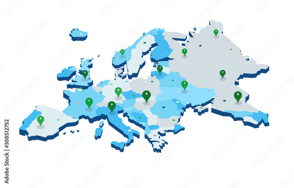Europe 3d map with gps pins isolated on white background - Vector	 - obrazy, fototapety, plakaty 
