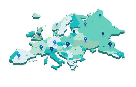 europe 3d map with gps pins isolated on white background - vector