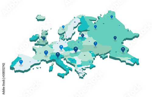 Fotografía Europe 3d map with gps pins isolated on white background - Vector