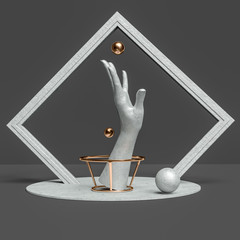 Aufkleber - Conceptual composition with hand sculpture and abstract geometric shapes, black and white creative minimalist forms figures, 3d rendering