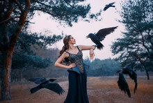 Beautiful Woman With Birds. Imperious Strong Power Witch Called Her Dark Servants Ravens. Queen In Black Dress Medieval Style. Leather Corset Embroidered Metal Gold, Precious Stones. Dusk Cold Forest