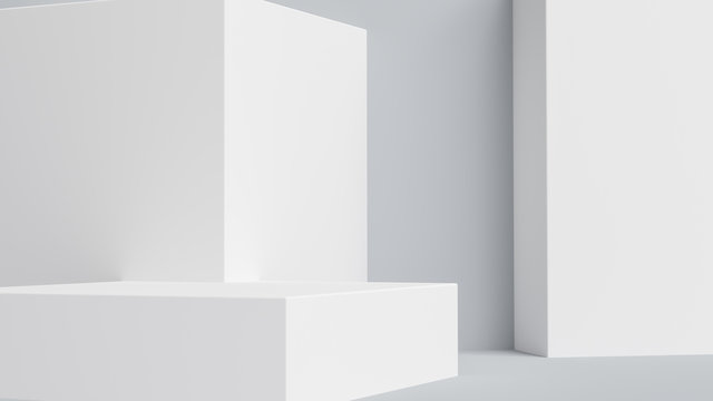 Product setting podium white abstract minimalistic geometry, minimal light interior, object placement, abstract gray background room, 3d rendering,