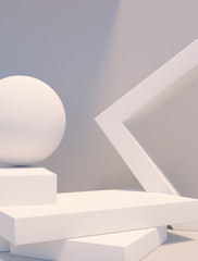 Fototapete - Product setting podium white abstract minimalistic geometry, minimal light interior, object placement, abstract gray background room, 3d rendering,