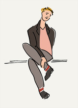Young Man Sitting On A Bench Vector Illustration. Audience Concept. Waiting Concept. Being Bored Concept. On A Lesson, Conference, Training Course, In A Waiting Room
