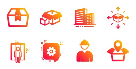 Poster - Packing boxes, Parcel delivery and Buildings line icons set. Engineer, Elevator and Cogwheel signs. Package box, Package location symbols. Logistics service, City architecture. Vector